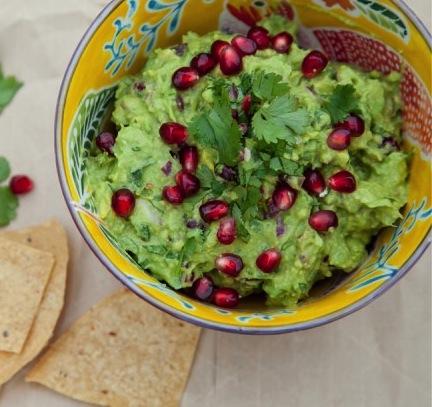 Pomegranate Guacamole 4-5 avocados 1/4 of a small red onion, diced 2-3 limes 1 minced garlic clove 1 jalapeño, seeded and chopped salt and pepper to taste 1 splash of tequila dash of olive oil 1