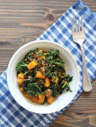 Beef, Butternut, & Kale Hash Yields 4-6 servings Total Time 35 minutes ½ Tablespoon oil or butter ½ medium onion, minced ½ pound beef 4 cloves garlic, minced 1 Tablespoon tomato paste ½ large
