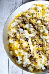 Easy Cheesy Cauliflower Hash Yields 4 servings Total Time 20 minutes 16 oz. bag frozen cauliflower, defrosted and drained 1 lb. lean ground beef 2 c. cheddar cheese 1 tsp.