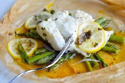 Lemon Thyme Whitefish & Asparagus Yields 4 servings Total Cooking Time 20 minutes 20 asparagus spears, trimmed Four 6-ounce cod fillets 1 lemon, sliced into 4 rounds 1 tsp kosher salt 1 tsp freshly