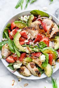 Chicken Strawberry Avocado Salad Yields 2 servings Total Time 15 minutes (2 hour marinade) 1 1/2 cups chopped strawberries 1/2 cup diced peeled ripe avocado 2 tablespoons minced seeded jalapeño