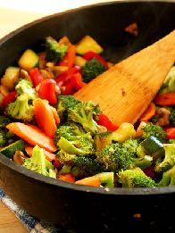 Stir-Fried Veggies Yields 3 servings 2 tablespoons coconut oil 1 red bell pepper, cored, seeded, and sliced 1 yellow bell pepper, cored, seeded, and sliced 1 cup half-moon sliced yellow squash 1 cup
