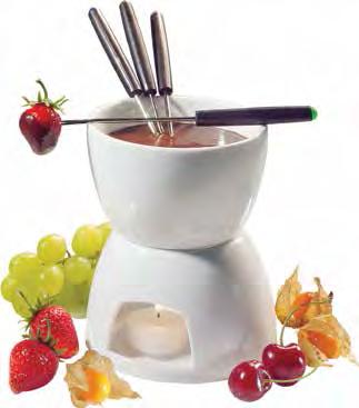 CHOCOLATE FONDUE 2-cup porcelain fondue pot rests on a porcelain base that houses a tea light.