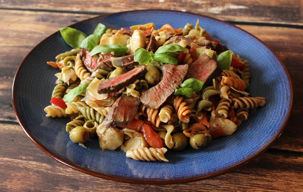 Beef, Pasta and Artichoke Toss with Balsamic Vinaigrette Grill steak over medium-high heat until desired doneness is reached, turning once. (I recommend 145 degrees F.