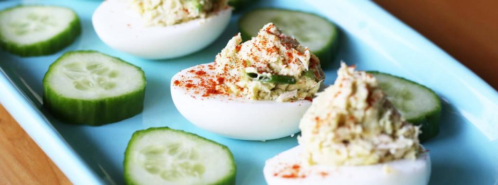 Protein Packed Deviled Eggs 7 ingredients 20 minutes 2 servings 1. Hard boil your eggs. 2. Once cool, peel the eggs and slice them in half. Remove the yolk and add it to a bowl.