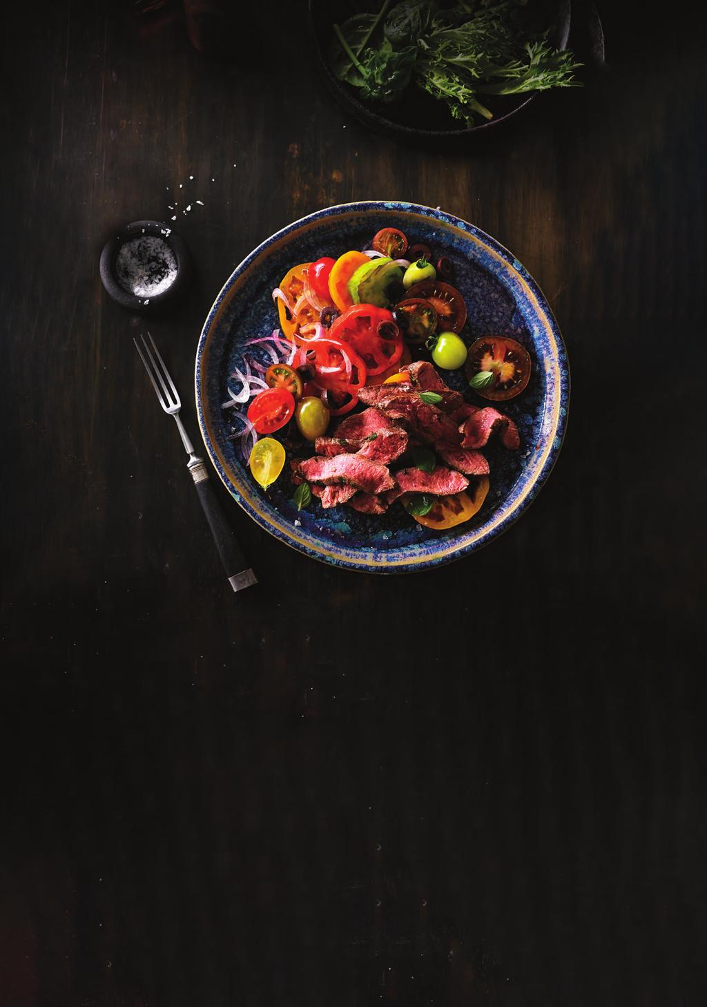 Grilled flat iron steak with tomato, olive and oregano salad Serves: 4 Prep time: 10 minutes, plus marinating time Cooking: 8 minutes Ingredients 4x 170g flat iron steaks 1
