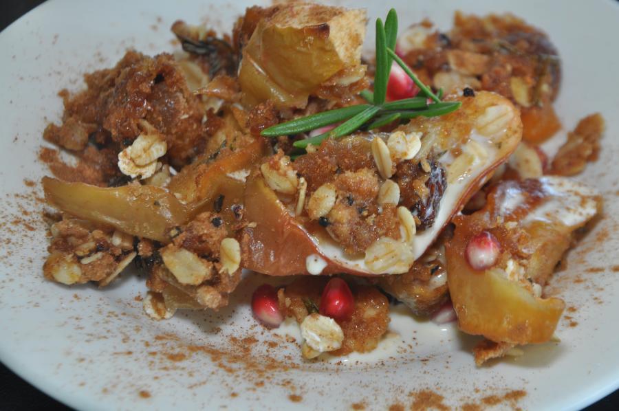 Roasted Pear, New Season Apples and Pomegranate Crumble serves 6 to 8 500g Pears, cored, wedges 500g Jazz apples, cored, wedges 6 rosemary sprigs 300g