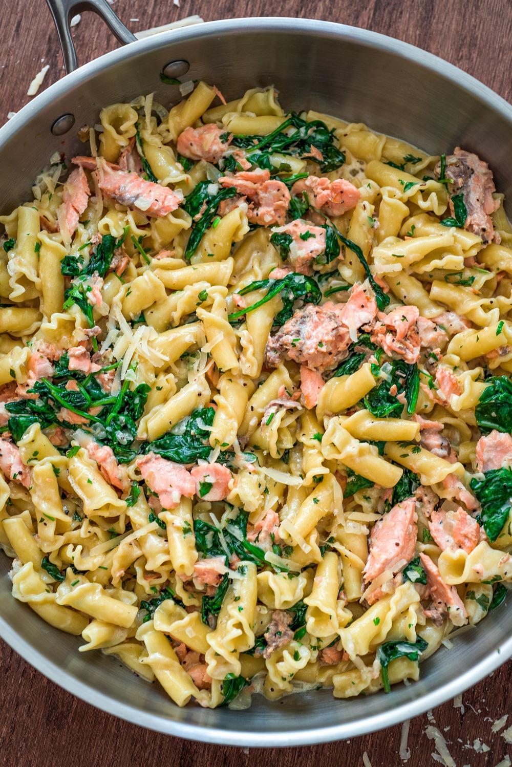 SALMON PASTA WITH SPINACH Cook Time - 20 mins Total Time - 30 mins 1 lb. salmon skinless and boneless one piece or multiple pieces 8 oz. uncooked pasta I use campanelle 3 tbsp.