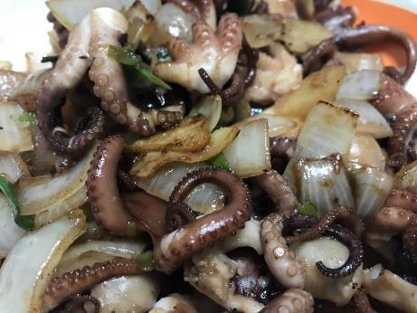 Suggested Points for Discussion for Stir-fried Baby Octopus with Onions Octopus is a kind of mollusk shellfish that contains low level of cholesterol Onion can enhance the aroma and taste of the