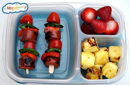 Sausage Kebobs Makes 8-10 kebobs 1lb smoked sausage (or Italian sausage) 1 red pepper, cut into chunks 1 green pepper, cut into chunks 1 pint cherry tomatoes 1.