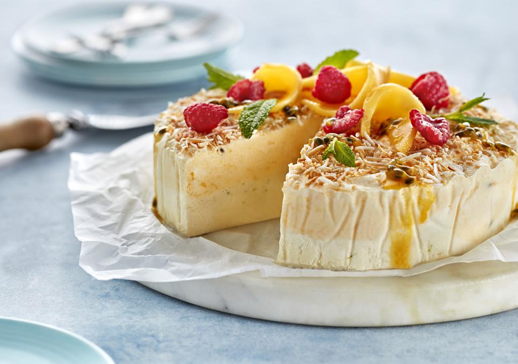 TROPICAL ICE CREAM CAKE SERVES: 12 14 PREP: 25 MINS COOK: 20 MINS (PLUS 4HRS TO SET) Tropical Ice Cream Cake is the ultimate summer dessert.
