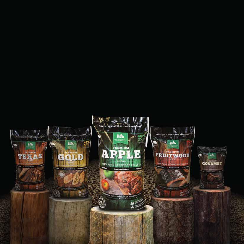 PREMIUM HARDWOOD PELLETS GREEN MOUNTAIN GRILLS BRAND PELLETS ARE MADE OF 100% KILN-DRIED SAWDUST THAT NEVER TOUCHES THE FLOOR.