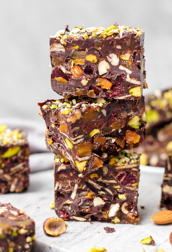HEALTHIER OPTIONS Chocolate, Fruit and Nut Slice PREP: 4¼ hours (including chill) COOK: 10 minutes MAKES: 16 110g (1 cup) LUCKY SLIVERED ALMONDS 85g (½ cup) LUCKY NATURAL PISTACHIOS 60g (½ cup) dried