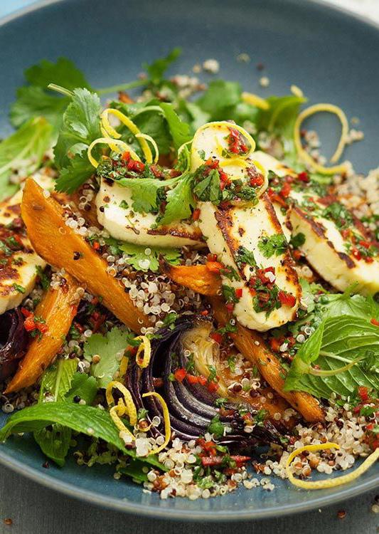 Quinoa & Haloumi Salad with Chilli Coriander Dressing Haloumi combined with quinoa and vegetables creates a delicious, wholesome side salad everyone will love.
