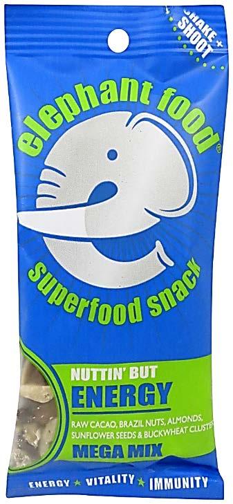 On-the-go positioning Elephant Food Superfood Snack Nuttin but Energy Mega Mix (United Kingdom, Feb 2015) Description: Raw cacao nibs,