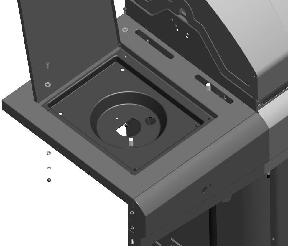 7mm flat washer 7mm lock washer 1/4-20x1/2 screw B Place drip pan onto sideburner shelf.