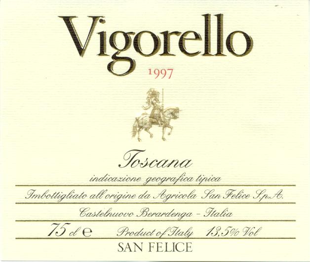 SAN FELICE VIGORELLO Toscana Igt 1997 Vintage Vineyards location Capanno di Gosto and Vigna del Mugelli vineyards on the Agricola San Felice estate (Castelnuovo Berardenga, Siena) Altitude Aspect