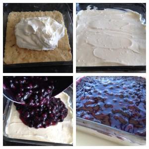 Let s assemble the pie. Before assembling the pie, be sure the pie crust and blueberry topping have cooled. Spread the cream cheese filling in the cooled piecrust.