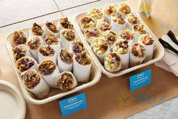 WRAP TRAYS Hand-held Mediterranean tradition, all wrapped up and ready to eat Small $76 serves 6-8 Large $152 serves 14-16 CHOICE OF 2 STEAK SHAWARMA Tomatoes, sumac onions, feta cheese, lettuce and