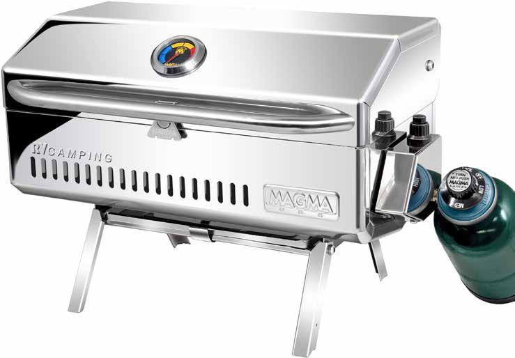 This grill has been equipped with fold-away table top legs and a hermetically sealed grilling thermometer. The swiveling control valve/regulator allows for quick, safe lb.