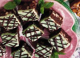 Mint-Chocolate Brownies 1 pkg. Betty Crocker Original Supreme brownie mix (with chocolate syrup pouch) 1/3 c. water 1/3 c. vegetable oil 2 eggs 1 c. chopped pecans 1 1/2 c.