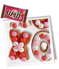X's and O's Cookies 1 bag Valentine's M&M's 1 bag peanut butter or sugar cookie mix 2 Tbs. flour Red and white tube frosting Preheat oven to 375 degrees.