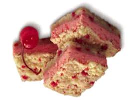 Cherries Jubilee Cheesecake Bars 1 pkg. cherry chip cake mix 1/2 c. margarine 2 pkg. (8 oz. each) cream cheese, softened 1 tub cherry ready-to-spread frosting 3 eggs Preheat oven to 325º.