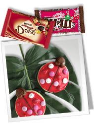 Lovely Ladybugs 1 bag Dove Dark Chocolate Hearts 1 bag Valentine M&M's 1 18-oz. roll refrigerated sugar cookie dough 2/3 c. flour 1 16-oz.