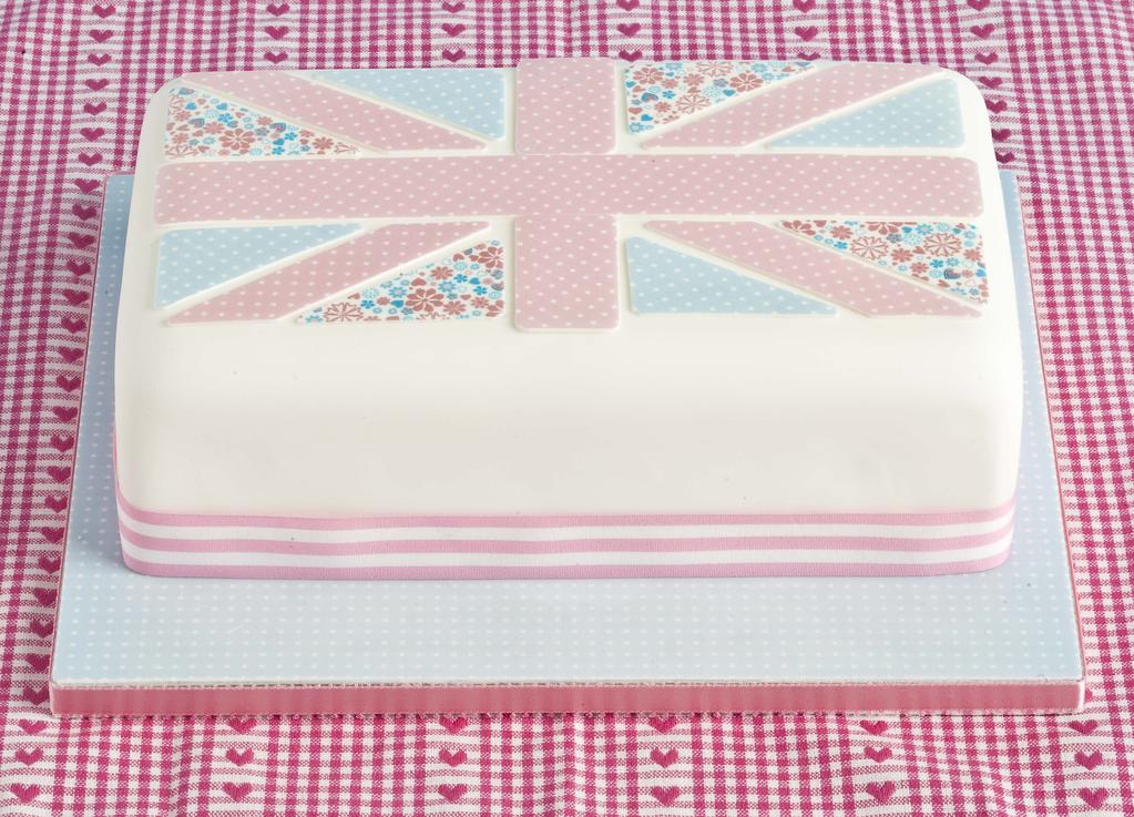 Union Jack Cake 10x6 Rectangular Cake Butter icing to cover cake White Sugar Paste to cover covered with white sugar paste (see Culpitt guide Covering a cake with Sugarpaste for help) 10x8 cake board