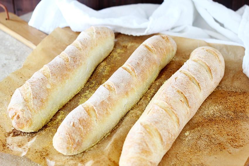 Place baguettes on lightly sprayed parchment that is sprinkled generously with cornmeal. Let sit at room temperature 45 to 75 minutes or until loaves are about 1½ times original size.