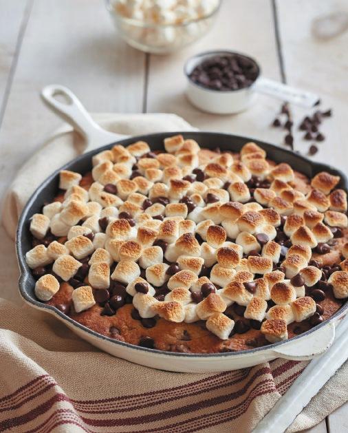 CHOCOLATE CHIP S MORES SKILLET COOKIE PREP TIME: 10 MINUTES BAKING TIME: 40 MINUTES MAKES: 12 SERVINGS FREEZING: EXCELLENT 1 cup (250 ml) butter, softened ½ cup (125 ml) granulated sugar ¼ cup (60