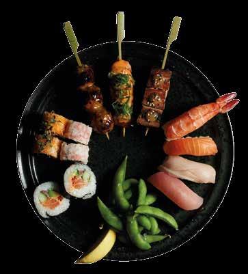 Chirashi with salmon, avocado, snow peas, trout roe,