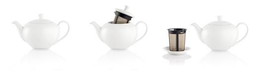 TEA POT SYSTEM TM classic tea pot with interlocking brewing basket maintaining an elegant design