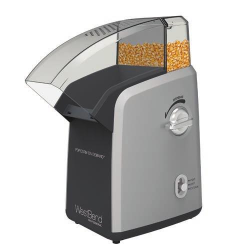 9 82700 POPCORN ON DEMAND This time-saving machine offers a fast, efficient way to make healthy air-popped corn. Store up to 28 oz. of popcorn kernels in the integrated kernel storage.