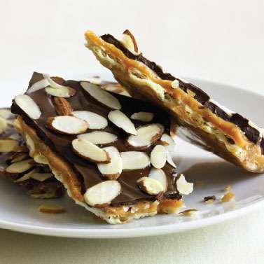 Chocolate Saltine Toffee Yield: 6 servings cup (6 oz.) Ghirardelli 60% Cacao Chocolate Chips 2 cups unsalted butter, cut into pieces 5 ounces sliced almonds, toasted 6 / 2 ounces (approx.