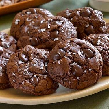 Chocolate Truffle Cookies With Sea Salt Yield: 2 dozen / 4 cup all purpose flour / 4 teaspoon baking powder / 4 teaspoon salt / 2 cups (9 oz.