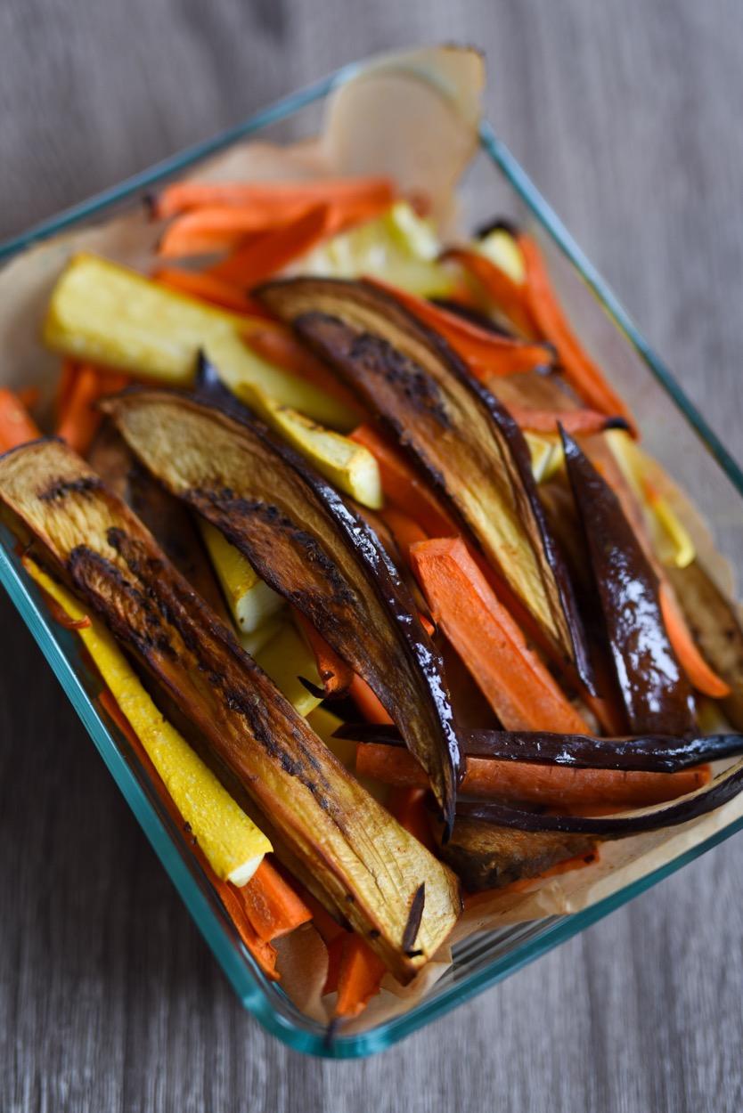 MEAL PREP ONE - DAY 21 BAKE THE SMOKEY VEGGIES (note: you can bake this at the same time as the sweet potato wedges) Makes 3 servings 1/2 eggplant 1 small zucchini 3 carrots 1 tbsp olive oil 2 tsp