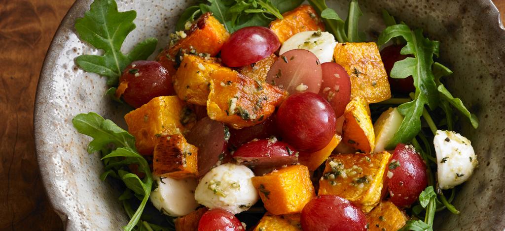 Roasted Squash and Grape Salad with Pesto Makes 4 servings Grapes star as the sweet, crisp foil to the caramelized butternut squash in this wonderful warm salad.
