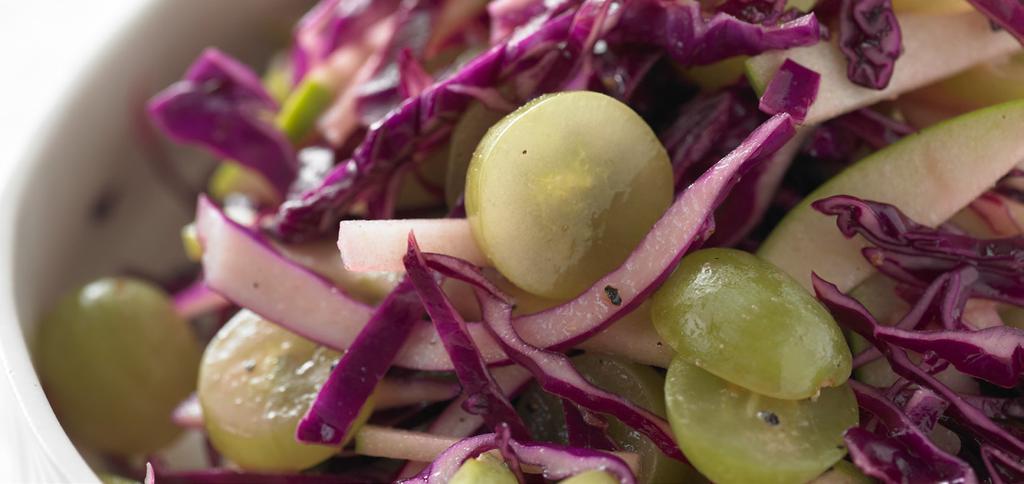 Grape, Apple and Red Cabbage Slaw Makes 8 servings Crunchy, juicy and savory with a sweet boost from grapes this slaw has it all.