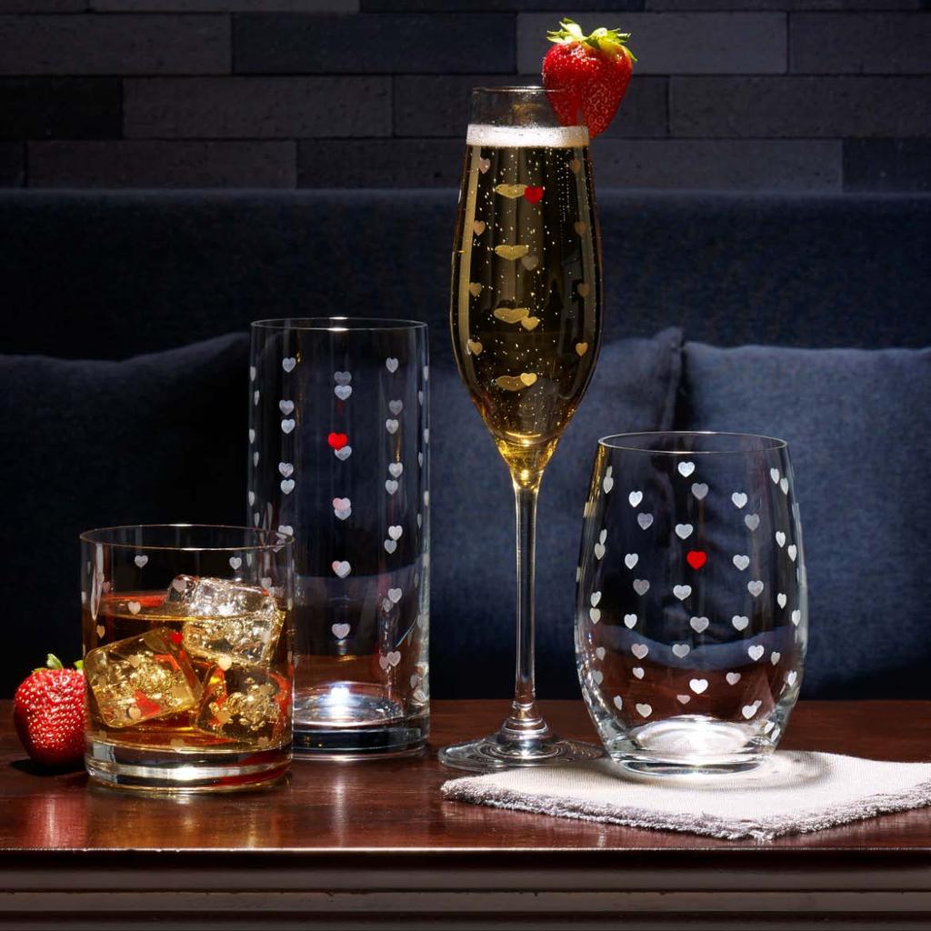 Mikasa Irresistible Hearts Drinkware Mikasa Irresistible Hearts drinkware features a pattern of intricately etched hearts with one red heart on every glass to add a touch of sweetness and love to the