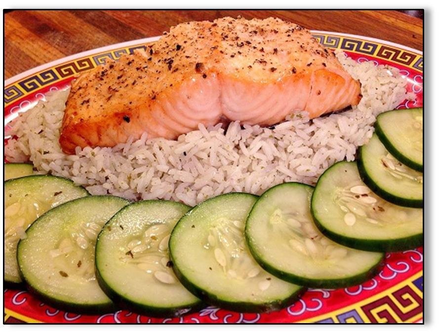 Dinner 5 Broiled Salmon; Thai Cucumber Basil Salad; Furikaki Rice Broiled Salmon with Thai Cucumber Basil Salad (5a) Active Time: 25 min. Total Time: 25 min.