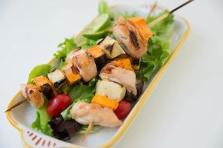 DO-AHEAD TIP: Marinate chicken, sweet potatoes and apples for at least 2 hours (see recipe). Soak bamboo skewers in water for 30 minutes, to prevent burning on the grill.