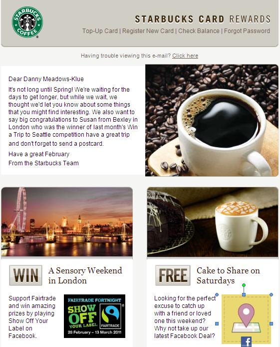 February 11th Starbucks Card Rewards Win a sensory weekend in London Cake to share on Saturdays Content encourages a sense of community