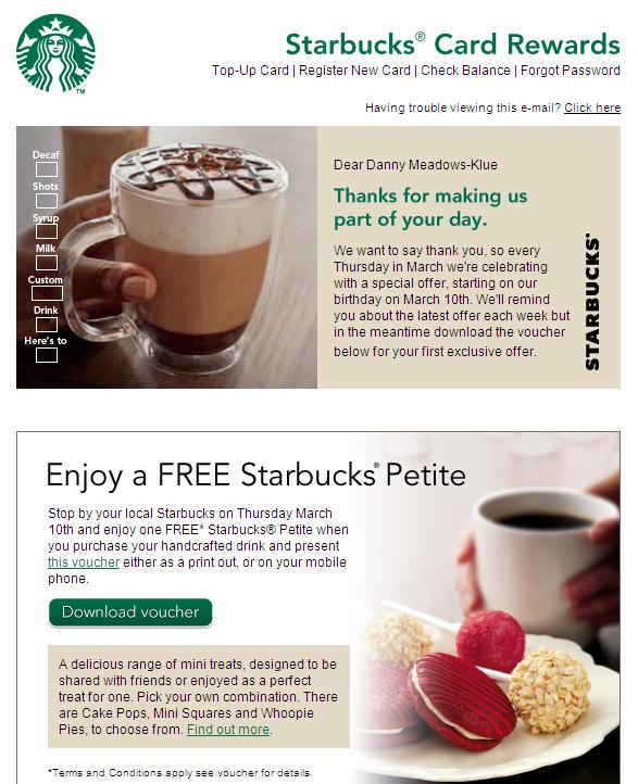March 8th Starbucks Card Rewards Thanks for making us part of your day Enjoy a free Starbucks Petite Subjectline gives a compelling reason to click.