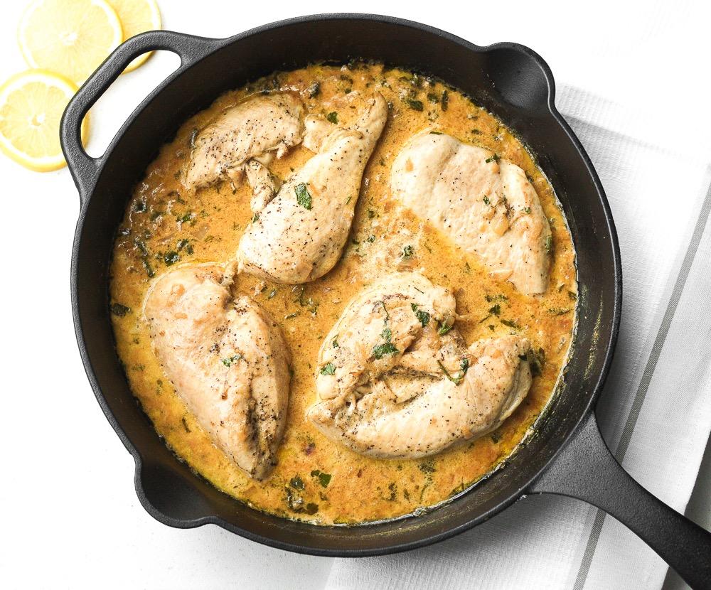 THE PERFECT SKILLET CHICKEN WITH LEMON 2 boneless, skinless chicken breasts, sliced horizontally (about 1.3 lbs.