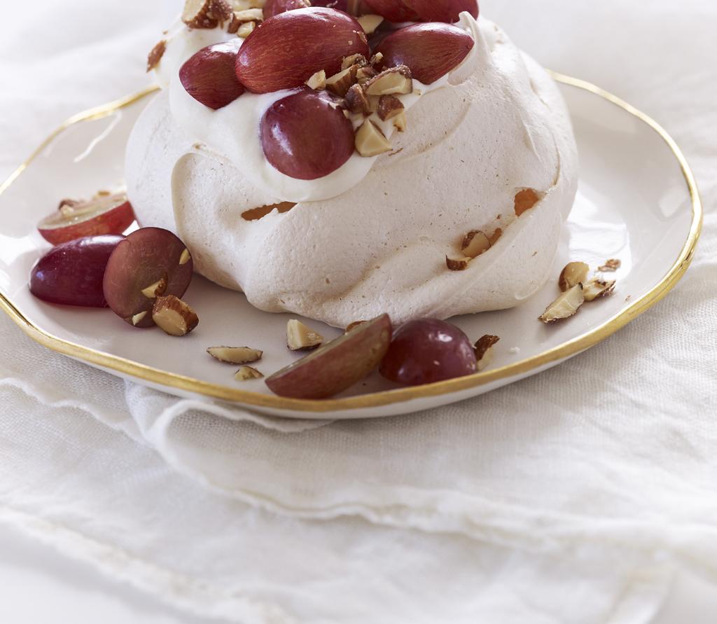 Mini-Pavlovas with Lemon Cream and Grapes Makes 6 servings Named after the beloved Russian ballerina Anna Pavlova, this classic dessert of meringue, fruit and cream is at once airy, artistic and