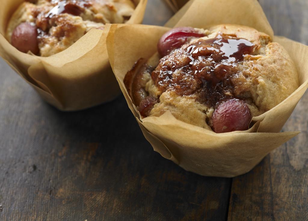 Peanut Butter and Grape Muffins Makes 12 muffins These muffins are the epitome of comfort food peanut butter and jelly baked with fresh California grapes.