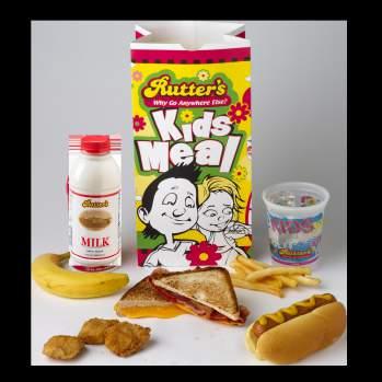 Kids meals come with a side and a drink all packaged in a fun activity bag with crayons!