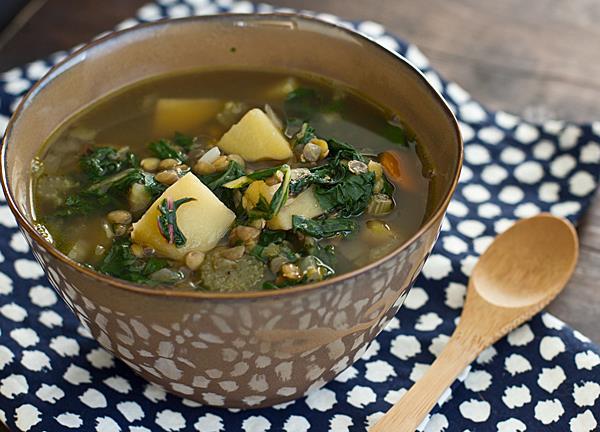 Instead of veggie broth, I use 1 tsp of Better than Bouillon per cup of water. Makes it delicious! - Courtney Scott, Fire Dept Chard, Lentil & Potato Slow Cooker Soup -adapted from ohmyveggies.