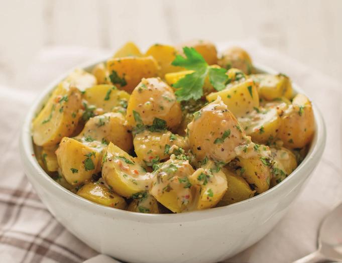 Warm Vinaigrette Potato Salad 1½ pounds yellow fingerling potatoes or yellow-fleshed baby potatoes, cleaned 1 tablespoon salt ½ cup Veggie Vinaigrette ¼ cup mayonnaise ¼ cup chopped fresh parsley 1